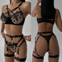 Sexy Floral Embroidery Cross-criss Three-piece Lingerie Set