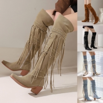 Street Fashion Solid Color Pointed Toe Block Heeled Tassel Over-the-knee Boots