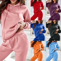 Street Fashion Solid Color Two-piece Set Consist of Drawstring Hoodie Sweatshirt and Sweatpants