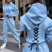 Street Fashion Two-piece Set Consist of Lace-up Hoodie Sweatshirt and Sweatpants