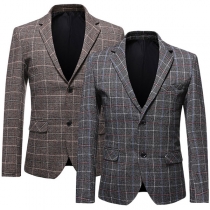 Vintage Checkered Pattern Notch Lapel Long Sleeve Buttoned Blazer for Men