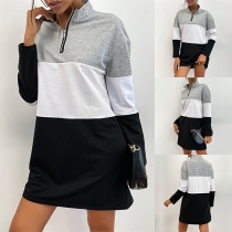 Casual Contrast Color Half-zipper Long Sleeve Sweatshirt Dress