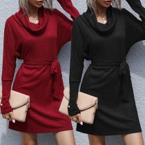 Fashion Drape Turtleneck Long Sleeve Self-tie Knitted Dress