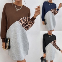 Casual Contrast Color Leopard Printed Round Neck Long Sleeve Shirt Dress