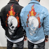 Punk Fashion Skull Printed Stand Collar Long Sleeve Denim Jacket for Men