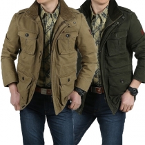 Vintage Stand Collar Long Sleeve Patch Pockets Zipper Jacket for Men