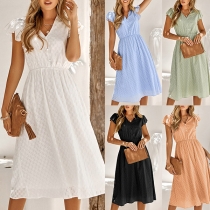 Fashion Solid Color V-neck Cap Sleeve Buttoned Dress