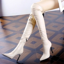 Sexy Solid Color Side Zipper Pointed-toe Heeled Over-the-knee Boots