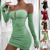 Sexy Solid Color Ruched Off-the-shoulder Long Sleeve Bodycon Party Dress