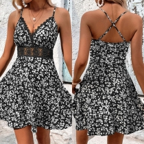 Fashion Floral Printed Lace Spliced V-neck Cross-criss Backless Mini Dress