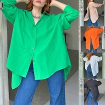 Casual Solid Color Stand Collar Long Sleeve Slit  Loose Shirt