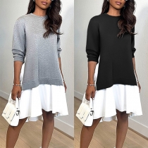 Casual Contrast Color Round Neck Long Sleeve High-low Hemline Mock Two-piece Dress