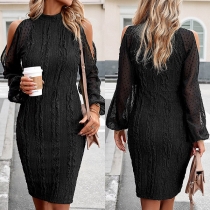 Fashion Solid Color Open-shoulder Long Sleeve Mock Neck Bodycon Dress