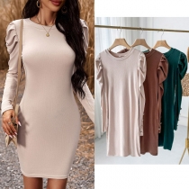 Fashion Solid Color Round Neck Puff Long Sleeve Bodycon Dress