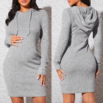 Casual Solid Color Long Sleeve Drawstring Hooded Maternity Ribbed Dress
