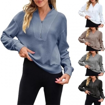 Fashion Solid Color Half-zipper Long Sleeve Pullover Shirt