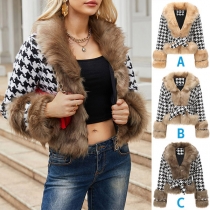 Street Fashion Houndstooth Artificial Fur Spliced Long Sleeve Crop Jackets