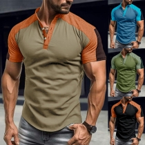 Fashion Contrast Color Buttoned V-neck Short Sleeve Shirt for Men