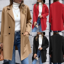 Fashion Solid Color Notch Lapel Long Sleeve Double Breasted Patch Pockets Jackets