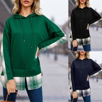 Fashion Contrast Color Plaid Spliced Drawstring Hooded Long Sleeve Mock Two-piece Shirt