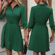 Fashion Green Dress with Stand Collar, Front Buttoned, Elbow Sleeve and Belt