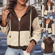 Fashion Contrast Color Long Sleeve Patch Pockets Drawstring Hoodied Zipper Plush Sweatshirt Jacket