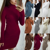 Fashion Solid Color Turtleneck Long Sleeve Ribbed Knitted Bodycon Dress