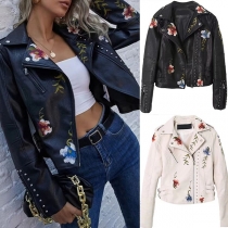 Street Fashion Floral Embroidered Rivet Notch Lapel Long Sleeve Artificial Leather PU Crop Jackets