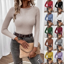Casual Solid Color Round Neck Long Sleeve Ribbed Shirt