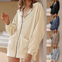 Casual Solid Color Long Sleeve Patch Pockets Zipper Hooded Cardigan