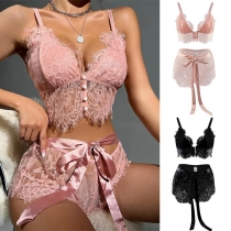 Fashion Lace Beaded Self-tie Bowknot Two-piece Lingerie Set