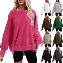 Casual Solid Color Round Neck Long Sleeve Slit High-low Hemline Sweatshirt
