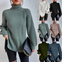 Fashion Solid Color Turtleneck Long Sleeve Slit Knitted Sweater