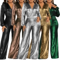Fashion Bling-bling Solid Color V-neck Long Sleeve High-rise Wide-leg Jumpsuit for Party