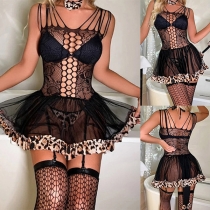 Sexy Mesh-net Leopard Printed Three-piece Lingerie Set for Cosplay