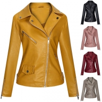 Fashion Solid Color Notch Lapel Long Sleeve Slant Zipper Artificial Leather PU Jackets