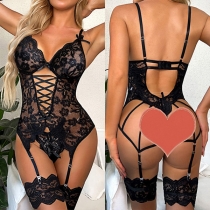 Sexy Bowknot Lace-up Backless Lace Lingerie Bodysuit