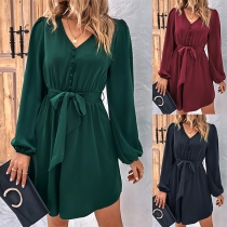 Fashion Solid Color Buttoned V-neck Long Sleeve Self-tie Mini Dress