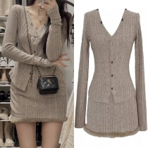 Fashion Knitted Ribbed Two-piece Set  Consist of Buttoned Cardigan and Plush Hemline Skirt