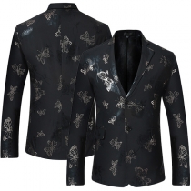 Vintage Butterfly Printed Stand Collar Lapel Blazer for Men