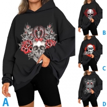 Punk Fashion Skull Printed Long Sleeve Hood Loose Sweatshirt for Holloween