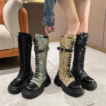 Vintage Printed Lace-up Buckle Boots