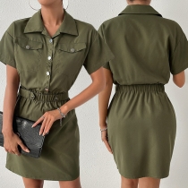 Fashion Solid Color Stand Collar Short Sleeve Buttoned Cinch Waist Mini Dress