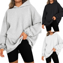 Casual Solid Color Long Sleeve Loose Hooded Sweatshirt
