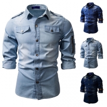 Fashion Old-washed Stand Collar Long Sleeve Denim Shirt for Men