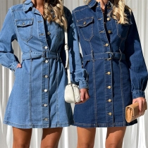 Street Fashion Old-washed Stand Collar Ruffled Long Sleeve Buttoned Denim Dress
