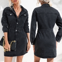 Street Fashion Old Washed Stand Collar Long Sleeve Buttoned Denim Dress