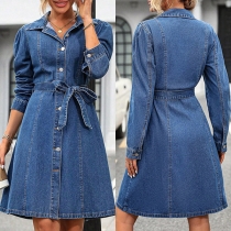 Fashion Old-washed Stand Collar Long Sleeve Self-tie Buttoned Blue Denim Dress