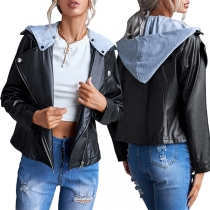 Street Fashion Artificial Leather Notch Lapel Detachable Hooded Jacket