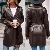 Street Fashion Notch Lapel Long Sleeve Self-tie Artificial Leather PU Jacket